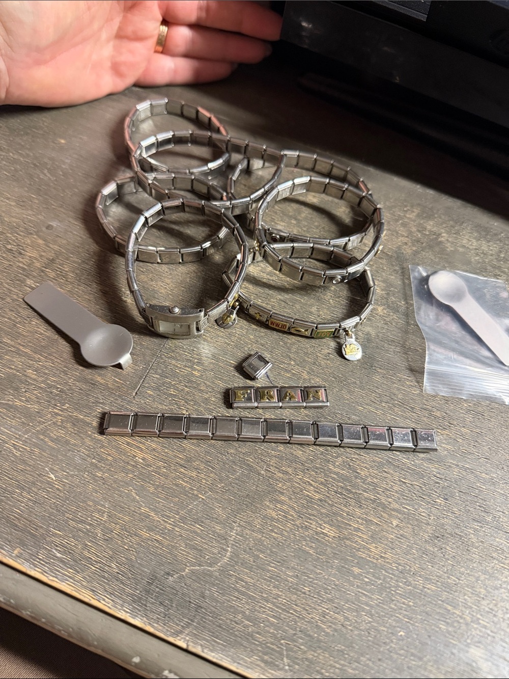 Stainless Steel Italian Link Charm Bracelet Bundle 6 bracelets 1 watch - Silver